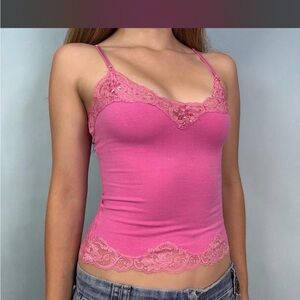 Pink Lace Trim Stretch Camisole Tank Top